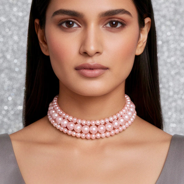 PAJURI  Necklace Triple Layer Rose Pink Pearl Choker