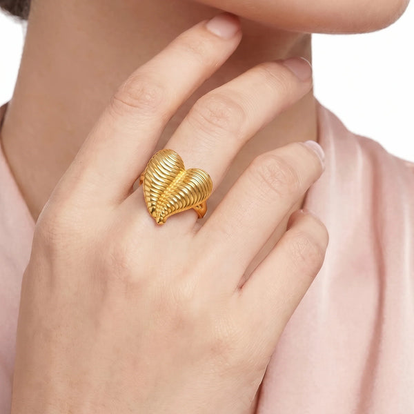 PAJURI Ring Anti-Tarnish Ribbed Heart Texture (Adjustable Size)
