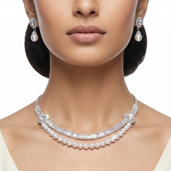 PAJURI Necklace Anti-Tarnish Layered Pearl & Baguette Crystal Set With Earrings