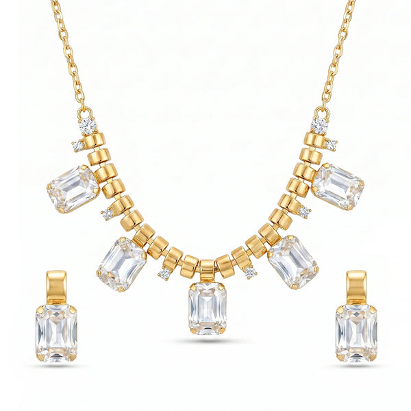 PAJURI Necklace Anti-Tarnish Rectangle Crystal Charms Set With Earrings
