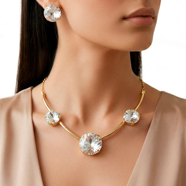 PAJURI Necklace Anti-Tarnish Round Crystal Spaced Set With Earrings