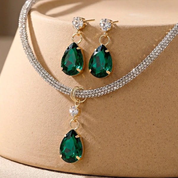 PAJURI Necklace Anti-Tarnish Drop-Shaped Crystal Pendant Set With Earrings