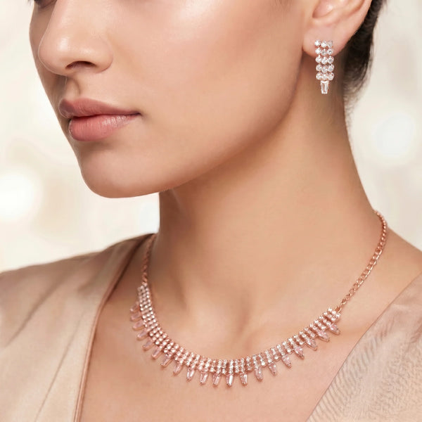 PAJURI Necklace Anti-Tarnish Rhinestone & Baguette Choker Set With Earrings