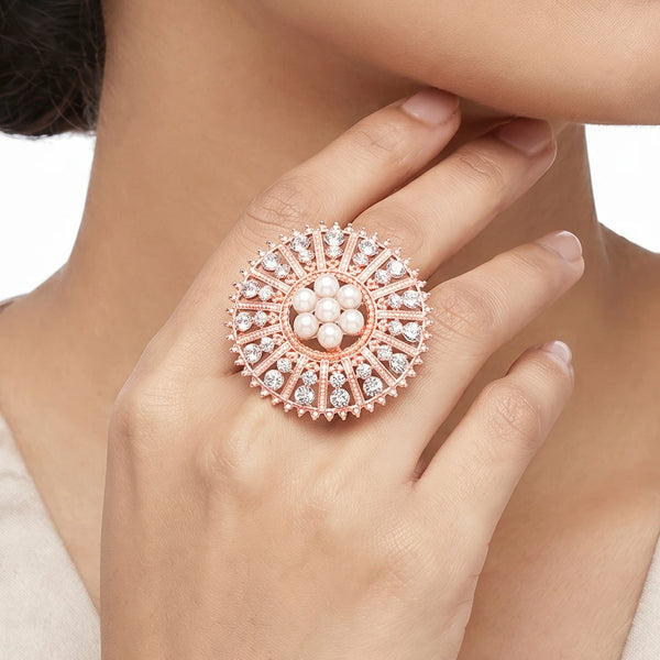 PAJURI Ring Anti-Tarnish Pearl Sunburst Floral (Adjustable Size)