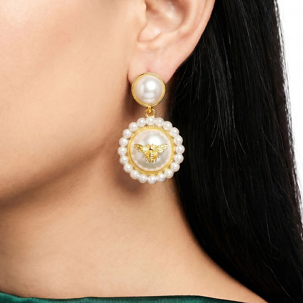 PAJURI Earrings Anti-Tarnish Bee Pearl Halo Studs