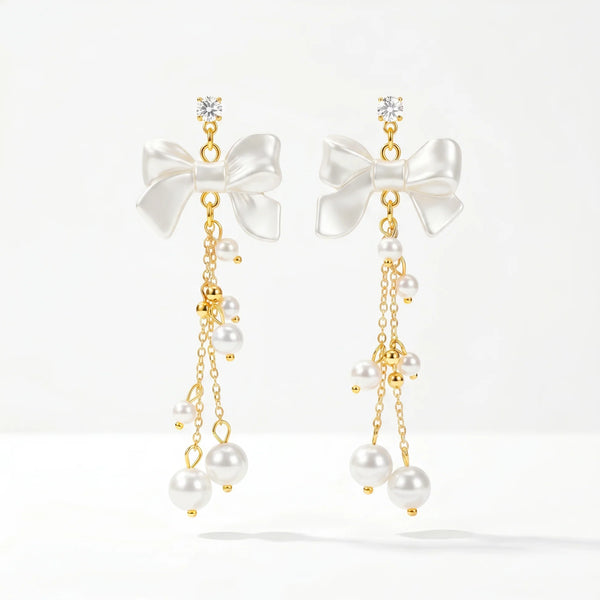 PAJURI Earrings Anti-Tarnish Drop With Pearlescent Bows And Pearl Chain Accents