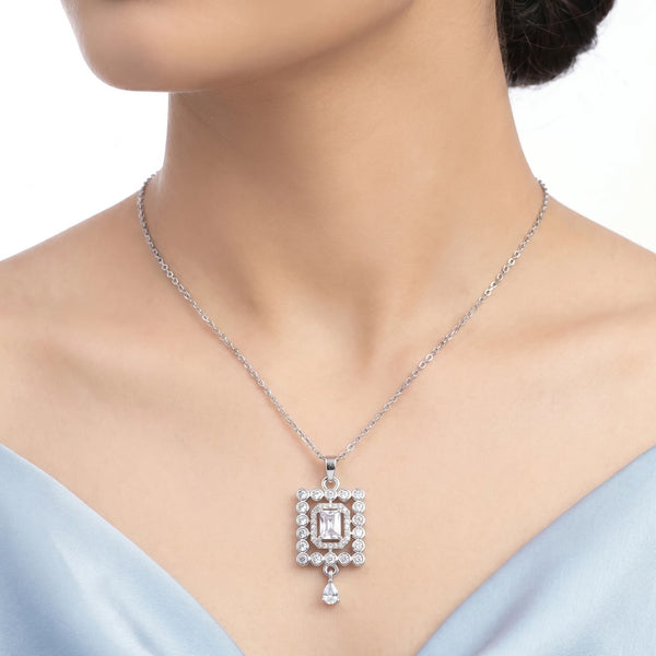 PAJURI Necklace Anti-Tarnish Emerald-Cut Halo Drop Pendant