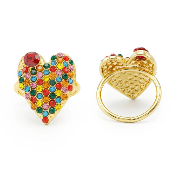 PAJURI Ring Anti-Tarnish Multi-Color Crystal Studded Heart-Shaped (Adjustable Size)