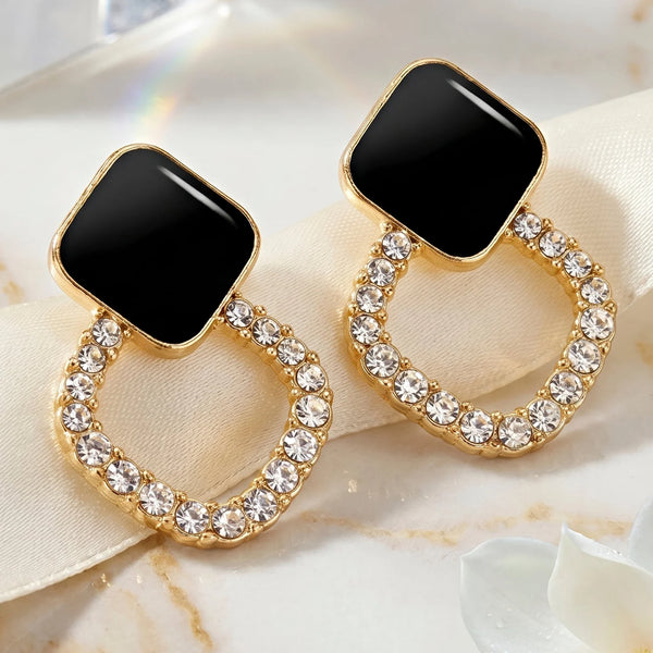 PAJURI Earrings Anti-Tarnish Geometric Black Enamel Crystal Studs