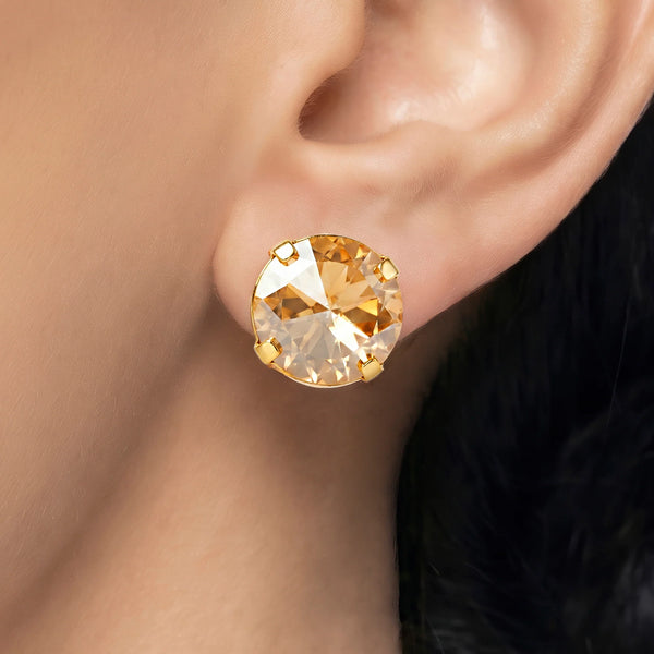 PAJURI Earrings Anti-Tarnish Oversized Round Champagne Crystal Studs