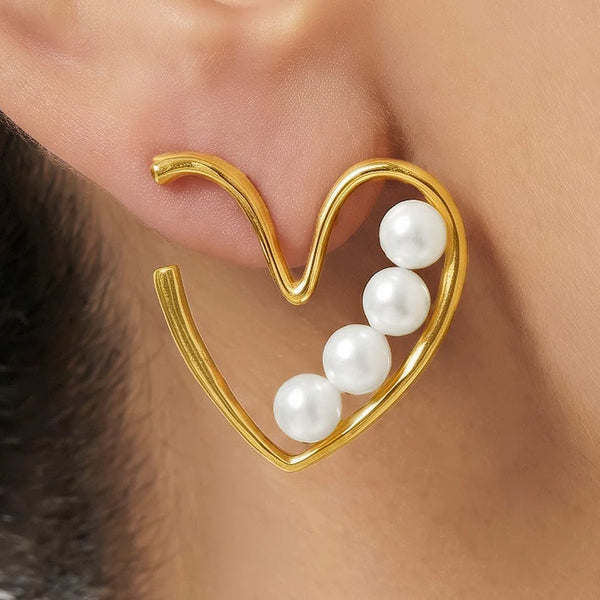 PAJURI Earrings Anti-Tarnish Abstract Heart with Faux Pearl