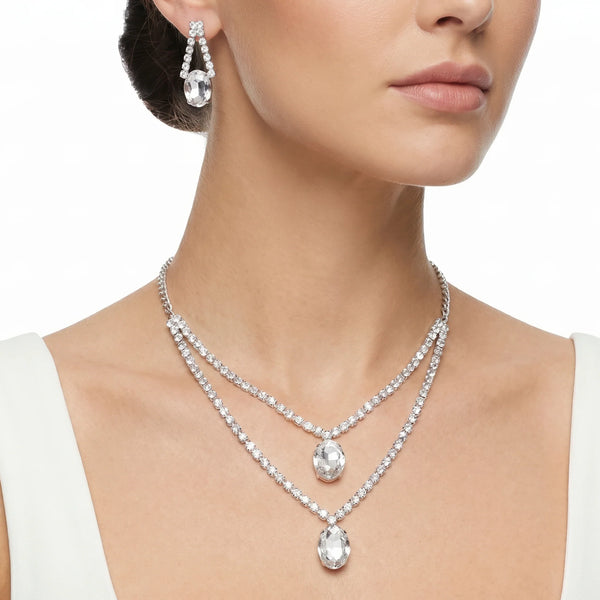 PAJURI Necklace Anti-Tarnish Clear Oval Crystal Double-Layer Set With Earrings