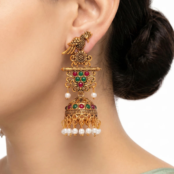 PAJURI Earrings Anti-Tarnish Parrot & Floral Stone Jhumka