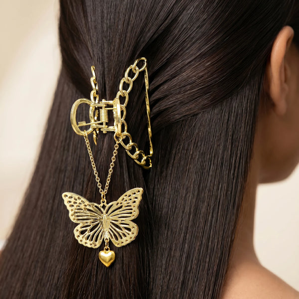 PAJURI Hair Claw Clip Anti-Tarnish Butterfly Chain-Link With Heart Pendant