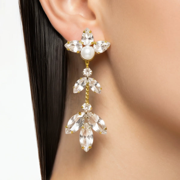PAJURI Earrings Anti-Tarnish Floral Crystal & Pearl Dangles