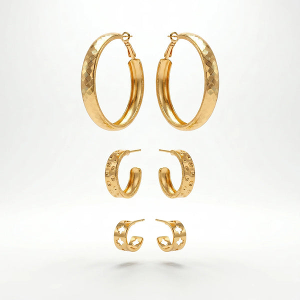 PAJURI 3 Earrings Anti-Tarnish Crosshatch Textured Hoop Set With Floral Huggies