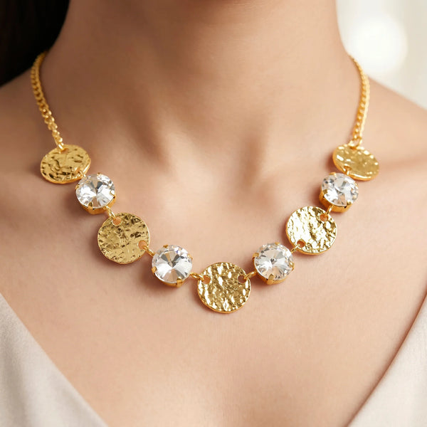 PAJURI Necklace Anti-Tarnish Hammered Golden Coins Statement Set With White Crystals