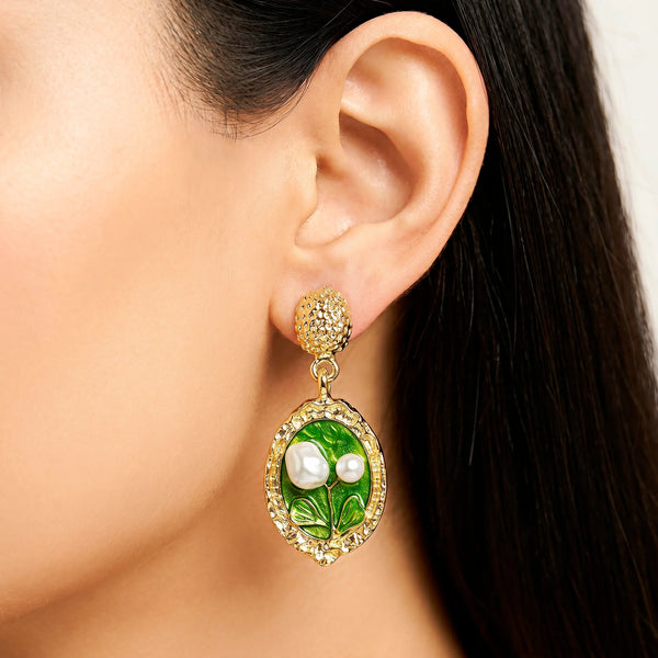 PAJURI Earrings Anti-Tarnish Green Leaf Pearl Dangles