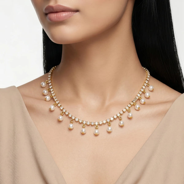 PAJURI Necklace Anti-Tarnish Pearl Charm Tennis Chain Set