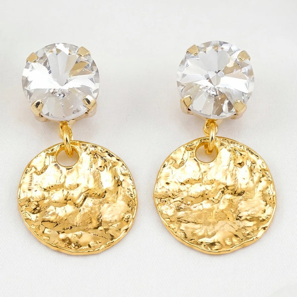 PAJURI Earrings Anti-Tarnish Hammered Coin Danglers With White Crystal