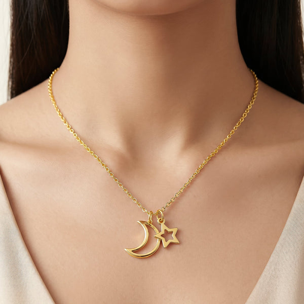 PAJURI Necklace Anti-Tarnish Hollow Moon And Star Charms Minimalist