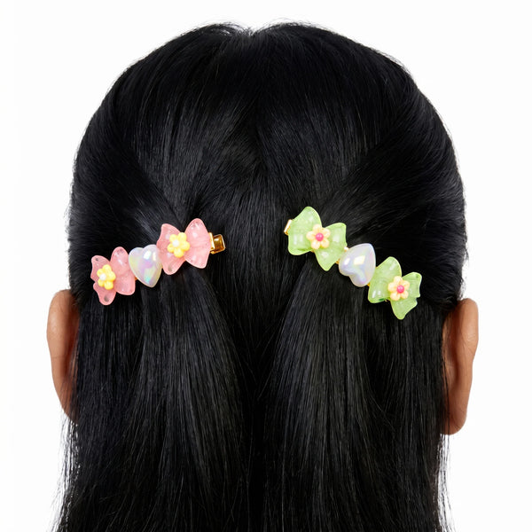 PAJURI 2 Hair Clip Anti-Tarnish Pastel Pink Lime Resin Bow Pair Flower Center Iridescent Heart Accent