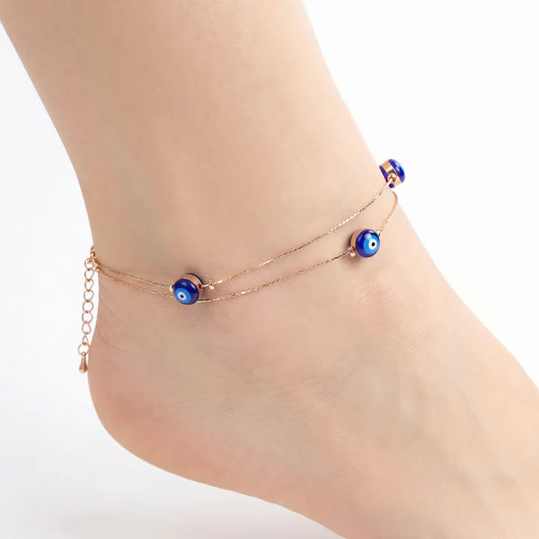 PAJURI Anklet Anti-Tarnish Snake Chain With Blue Evil Eye Beads