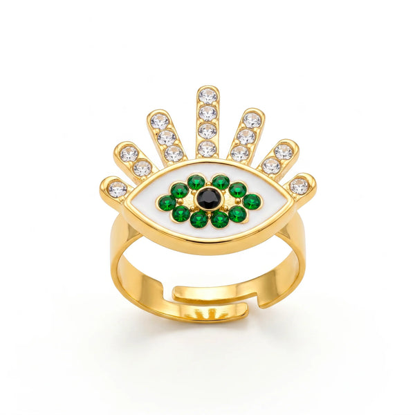 pajuri Ring Anti-Tarnish Evil Eye Green (Adjustable Size)