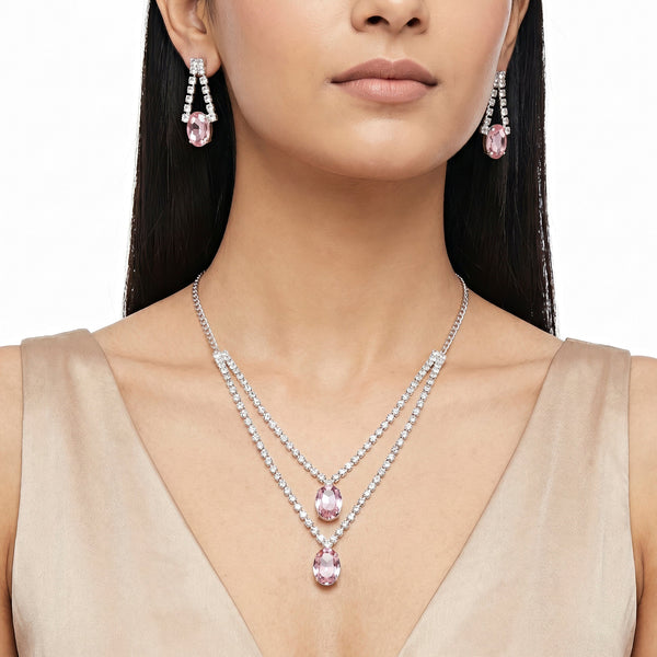 PAJURI Necklace Anti-Tarnish Vintage Rose Oval Crystal Double-Layer Set With Earrings