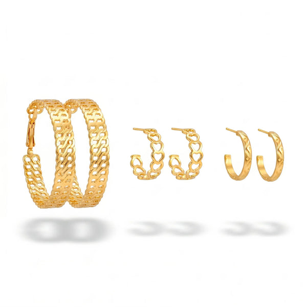 PAJURI 3 Earrings Anti-Tarnish Chain Link Hoop Set With Heart Huggies