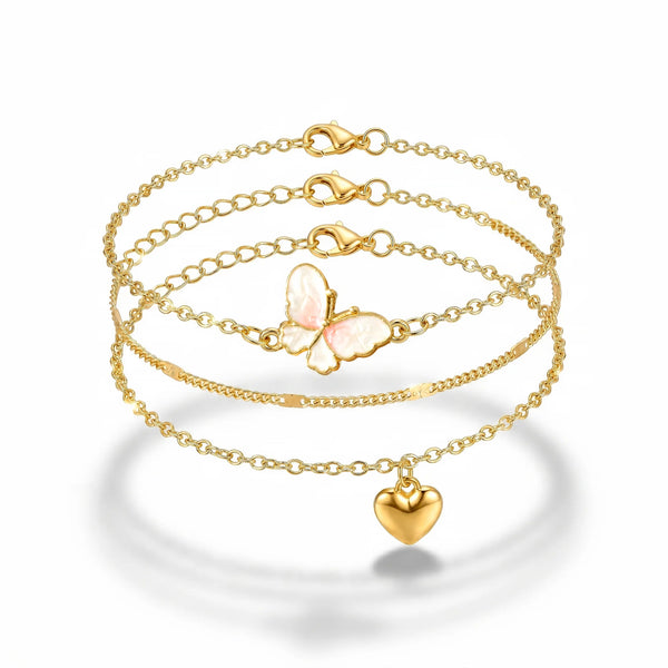 PAJURI 3 Bracelet Anti-Tarnish Chain With Butterfly Connector And Heart Charm (Adjustable Size)