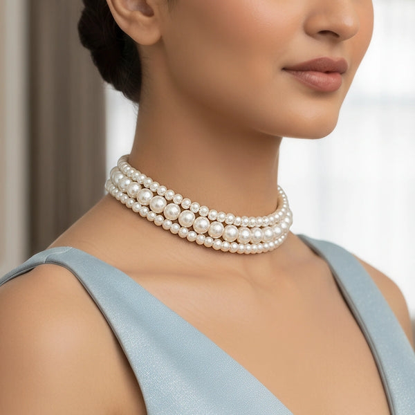 PAJURI Necklace Triple Layer White Pearl Choker