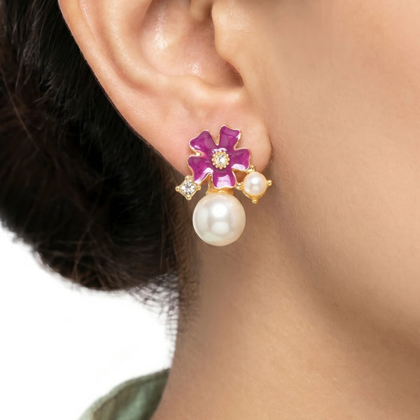 PAJURI Earrings Anti-Tarnish Fuchsia Pearl Flower Studs