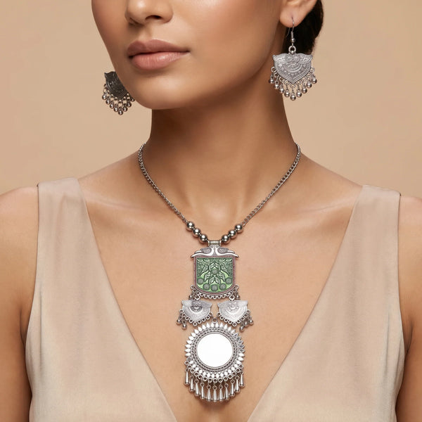 PAJURI Necklace Anti-Tarnish Green Enamel Oxidized Set With Earrings