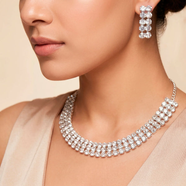 PAJURI Necklace Anti-Tarnish Wide Multi-Row Choker Set With Earrings