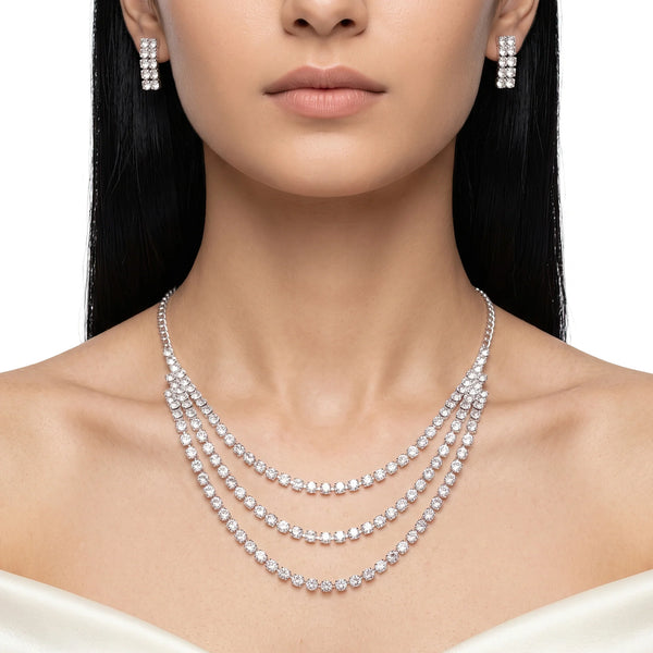 PAJURI Necklace Anti-Tarnish Three-Layer Rhinestone Set With Earrings