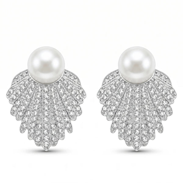 PAJURI Earrings Anti-Tarnish Ivory Pearl Leaf Crystal Studs