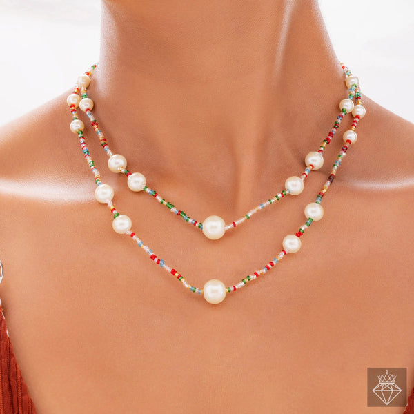 PAJURI Necklace Exquisite Double Layer Bead & Pearl Set With Earrings