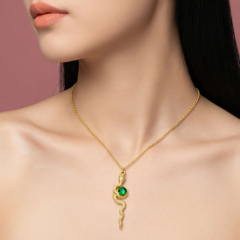 PAJURI Necklace Anti-Tarnish Emerald Snake Pendant