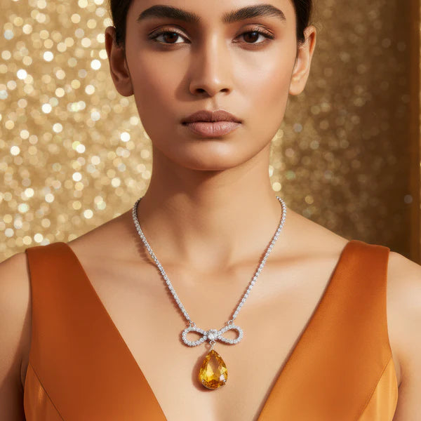 PAJURI Anti-Tarnish Crystal Studded Infinity Yellow Topaz Pendant Necklace