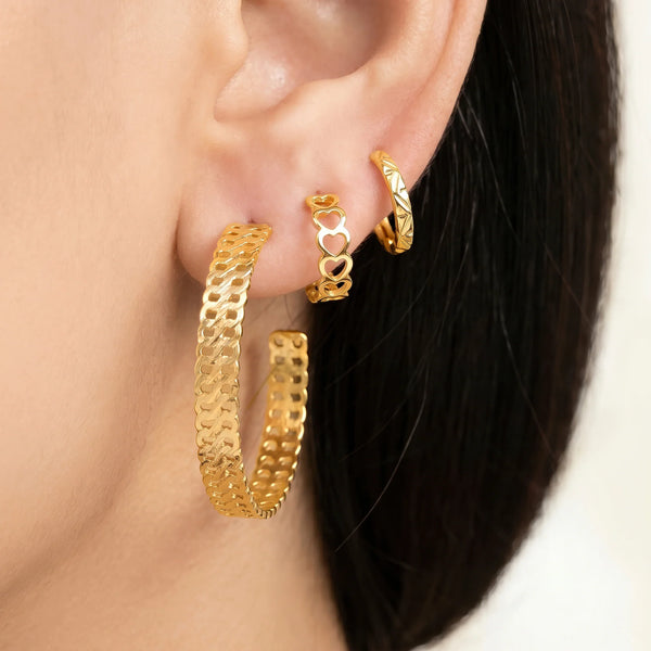 PAJURI 3 Earrings Anti-Tarnish Chain Link Hoop Set With Heart Huggies
