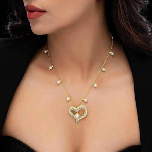 PAJURI Necklace Anti-Tarnish Gold Plated Crystal Studded Heart With Pearls