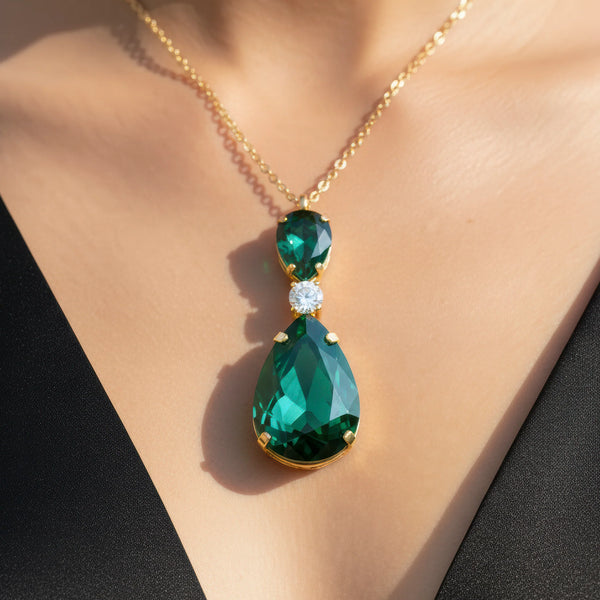 PAJURI Necklace Anti-Tarnish Emerald Green Drop Crystal Pendant