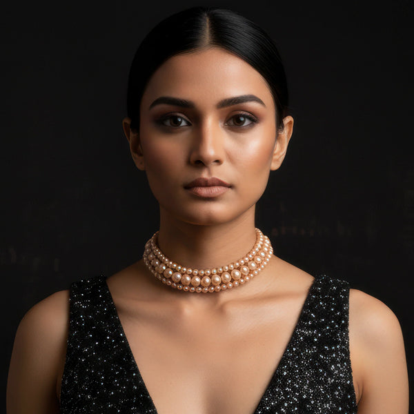 PAJURI Necklace Triple Layer Golden Brown Pearl Choker