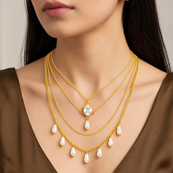 PAJURI Necklace Anti-Tarnish Crystal Pearl Layers