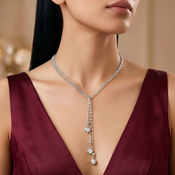 PAJURI Necklace Anti-Tarnish Silver Capsule Chain Y-Shape With Crystal Highlights