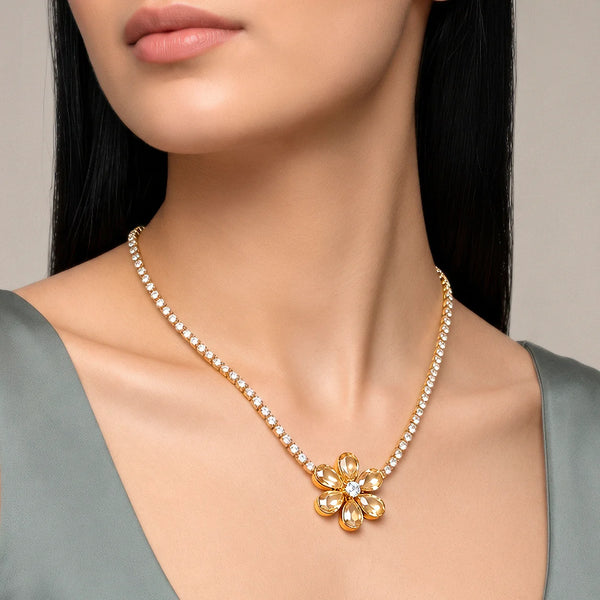 PAJURI Necklace Anti-Tarnish Gold Plated Flower Crystal