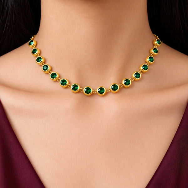 PAJURI Necklace Anti-Tarnish Studded Single-Line With Emerald Crystals