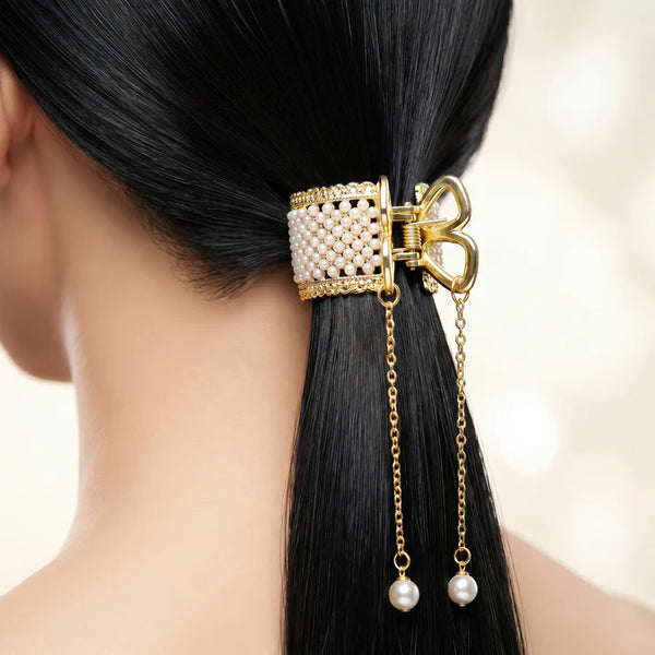 Hair Claw Clip Anti-Tarnish Pearl Encrusted With Tassel Drop