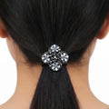 PAJURI Hair Tie Ornate Floral Blue Grey Rhinestone Flower Charm Black Elastic